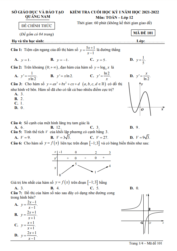 Đề kiểm tra cuối học kì 1 (HK1) lớp 12 môn Toán năm 2021 2022 sở GD ĐT Quảng Nam