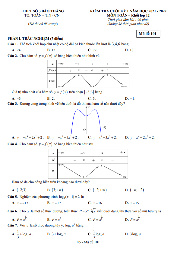 Đề kiểm tra cuối học kì 1 (HK1) lớp 12 môn Toán năm 2021 2022 trường THPT Bảo Thắng 3 Lào Cai