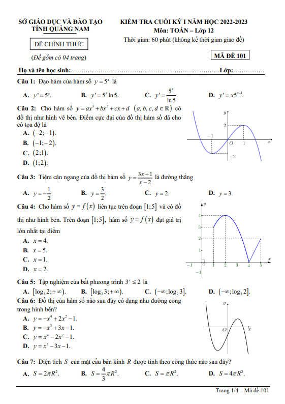 Đề kiểm tra cuối học kì 1 (HK1) lớp 12 môn Toán năm 2022 2023 sở GD ĐT Quảng Nam