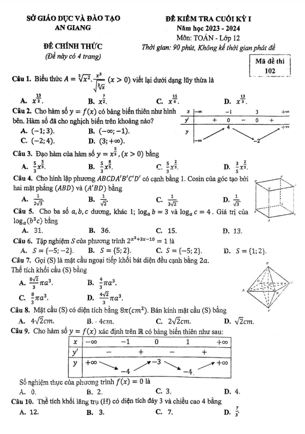 Đề kiểm tra cuối học kì 1 (HK1) lớp 12 môn Toán năm 2023 2024 sở GD ĐT An Giang