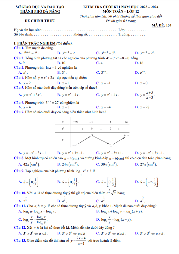 Đề kiểm tra cuối học kì 1 (HK1) lớp 12 môn Toán năm 2023 2024 sở GD ĐT Đà Nẵng
