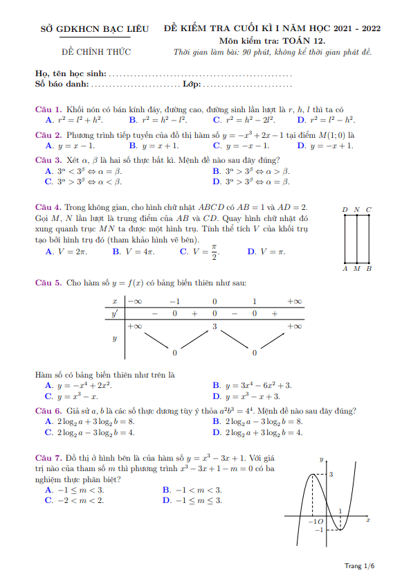 Đề kiểm tra cuối học kì 1 (HK1) lớp 12 môn Toán năm học 2021 2022 sở GDKHCN Bạc Liêu