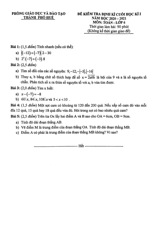 Đề kiểm tra cuối học kì 1 (HK1) lớp 6 môn Toán năm 2020 2021 phòng GD ĐT thành phố Huế