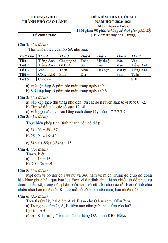Đề kiểm tra cuối học kì 1 (HK1) lớp 6 môn Toán năm 2020 2021 phòng GD ĐT TP Cao Lãnh Đồng Tháp