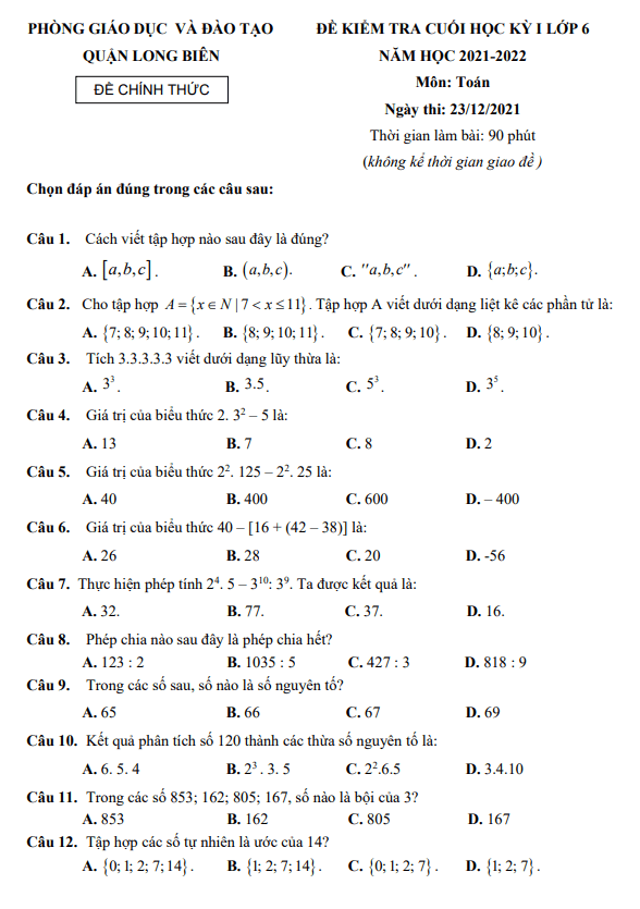 Đề kiểm tra cuối học kì 1 (HK1) lớp 6 môn Toán năm 2021 2022 phòng GD ĐT Long Biên Hà Nội