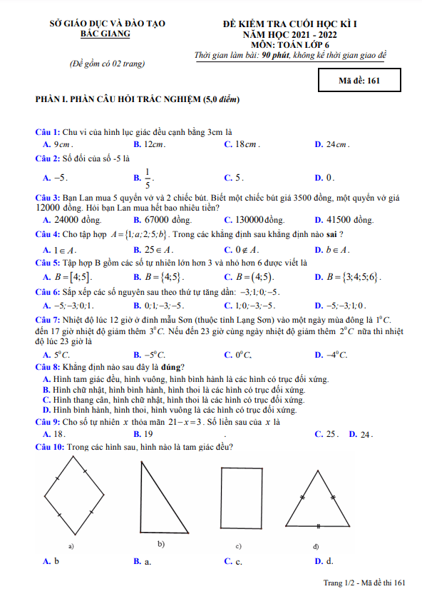 Đề kiểm tra cuối học kì 1 (HK1) lớp 6 môn Toán năm 2021 2022 sở GD ĐT Bắc Giang