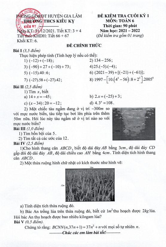 Đề kiểm tra cuối học kì 1 (HK1) lớp 6 môn Toán năm 2021 2022 trường THCS Kiêu Kỵ Hà Nội