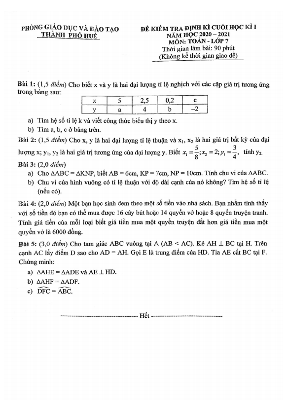 Đề kiểm tra cuối học kì 1 (HK1) lớp 7 môn Toán năm 2020 2021 phòng GD ĐT thành phố Huế