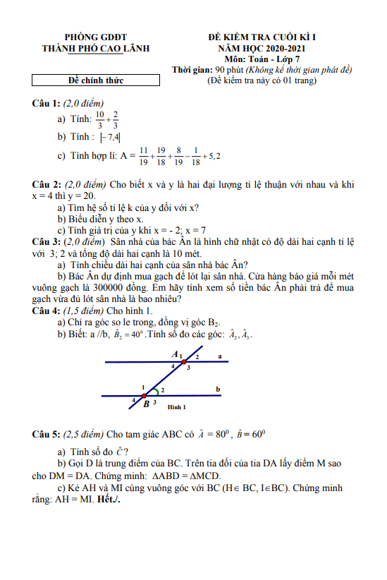 Đề kiểm tra cuối học kì 1 (HK1) lớp 7 môn Toán năm 2020 2021 phòng GD ĐT TP Cao Lãnh Đồng Tháp