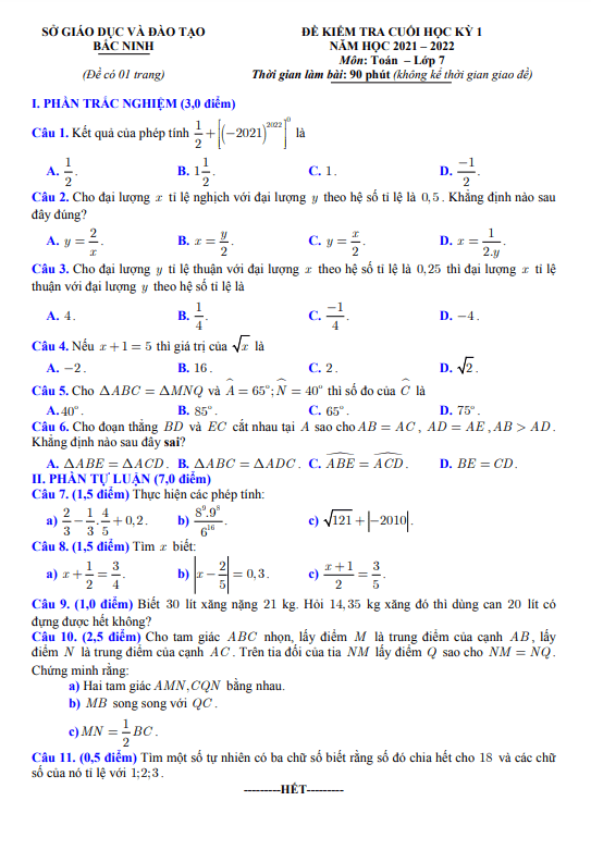 Đề kiểm tra cuối học kì 1 (HK1) lớp 7 môn Toán năm 2021 2022 sở GD ĐT Bắc Ninh