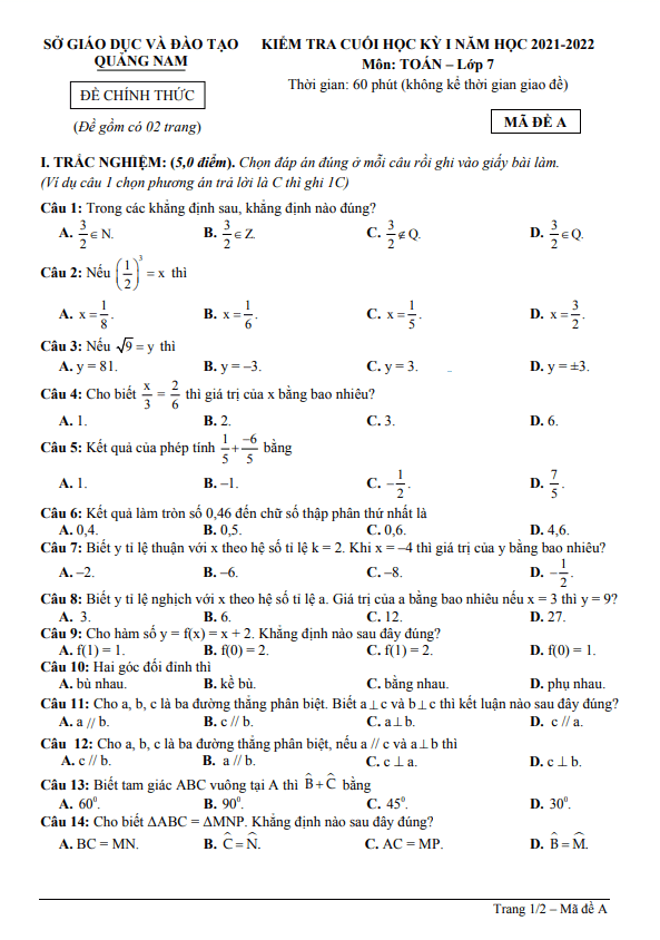 Đề kiểm tra cuối học kì 1 (HK1) lớp 7 môn Toán năm 2021 2022 sở GD ĐT Quảng Nam
