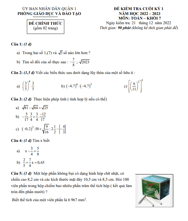 Đề kiểm tra cuối học kì 1 (HK1) lớp 7 môn Toán năm 2022 2023 phòng GD ĐT Quận 1 TP HCM