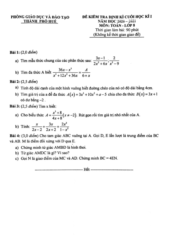 Đề kiểm tra cuối học kì 1 (HK1) lớp 8 môn Toán năm 2020 2021 phòng GD ĐT thành phố Huế