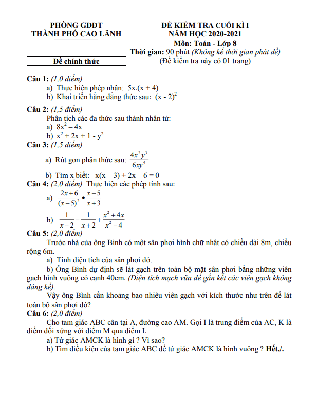 Đề kiểm tra cuối học kì 1 (HK1) lớp 8 môn Toán năm 2020 2021 phòng GD ĐT TP Cao Lãnh Đồng Tháp