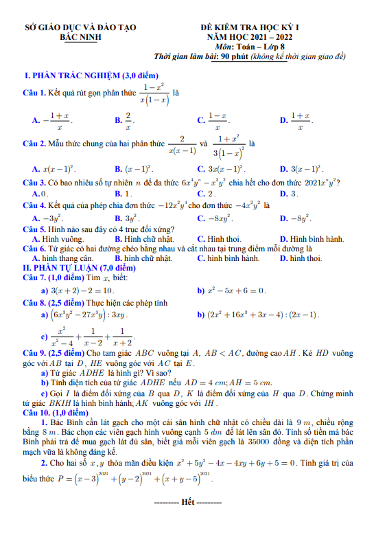 Đề kiểm tra cuối học kì 1 (HK1) lớp 8 môn Toán năm 2021 2022 sở GD ĐT Bắc Ninh