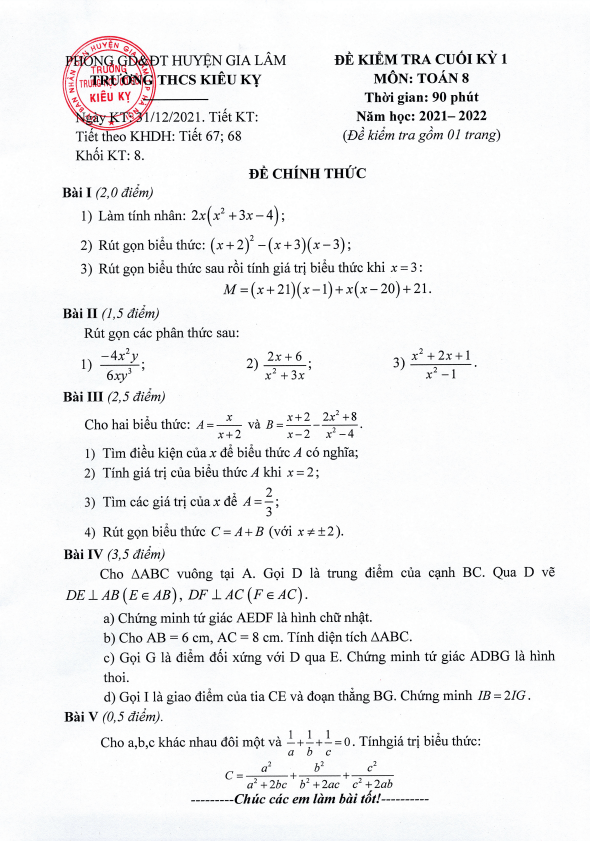Đề kiểm tra cuối học kì 1 (HK1) lớp 8 môn Toán năm 2021 2022 trường THCS Kiêu Kỵ Hà Nội
