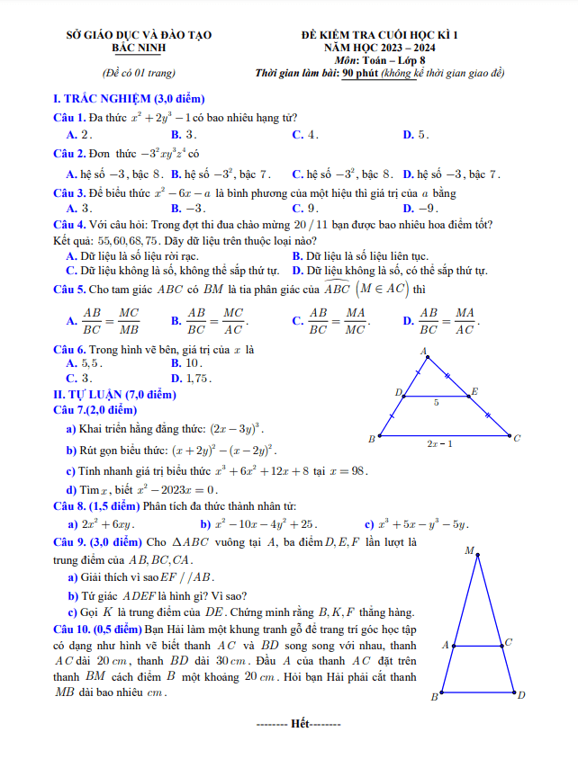 Đề kiểm tra cuối học kì 1 (HK1) lớp 8 môn Toán năm 2023 2024 sở GD ĐT Bắc Ninh