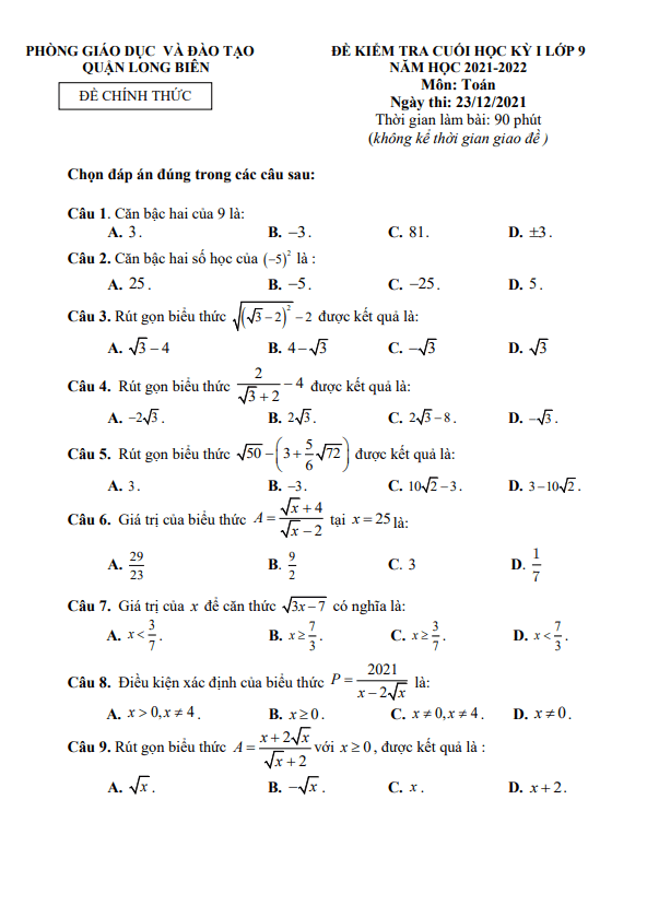 Đề kiểm tra cuối học kì 1 (HK1) lớp 9 môn Toán năm 2021 2022 phòng GD ĐT Long Biên Hà Nội