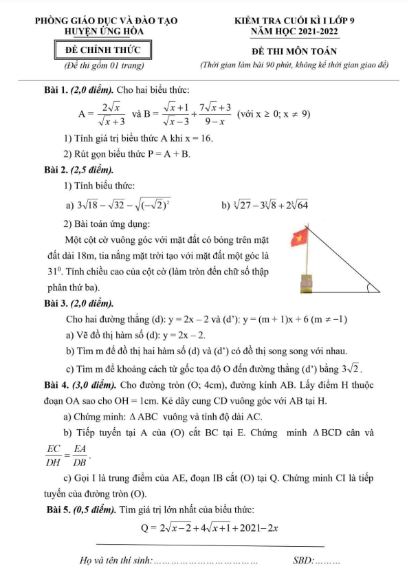 Đề kiểm tra cuối học kì 1 (HK1) lớp 9 môn Toán năm 2021 2022 phòng GD ĐT Ứng Hòa Hà Nội