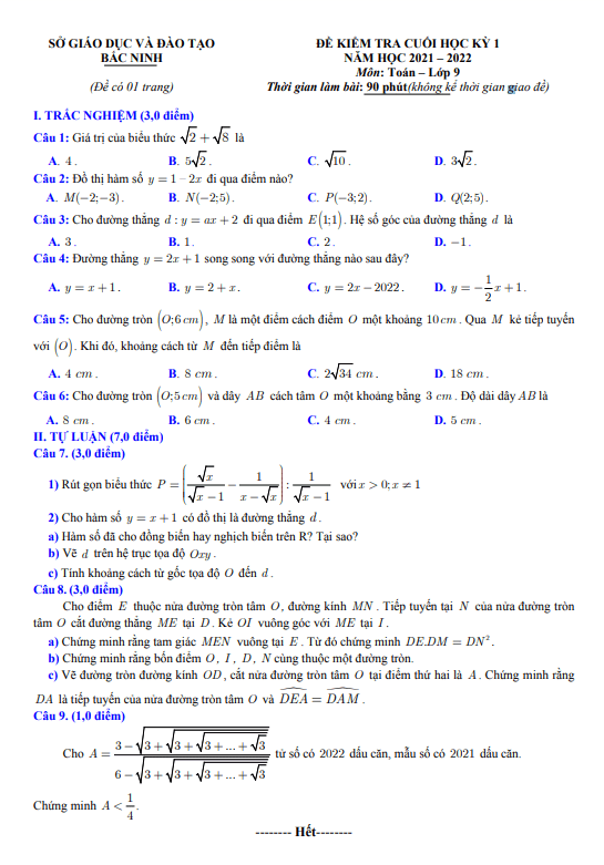 Đề kiểm tra cuối học kì 1 (HK1) lớp 9 môn Toán năm 2021 2022 sở GD ĐT Bắc Ninh