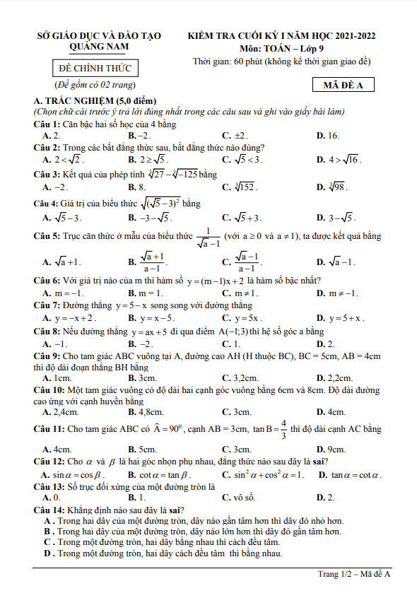 Đề kiểm tra cuối học kì 1 (HK1) lớp 9 môn Toán năm 2021 2022 sở GD ĐT Quảng Nam