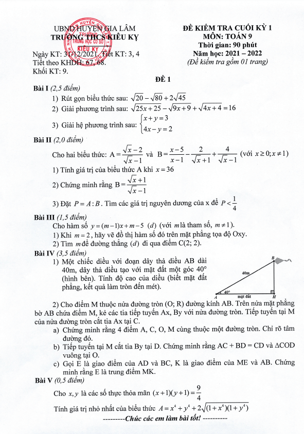Đề kiểm tra cuối học kì 1 (HK1) lớp 9 môn Toán năm 2021 2022 trường THCS Kiêu Kỵ Hà Nội