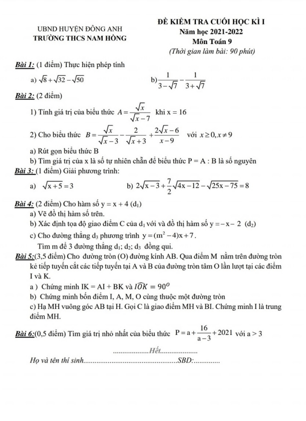 Đề kiểm tra cuối học kì 1 (HK1) lớp 9 môn Toán năm 2021 2022 trường THCS Nam Hồng Hà Nội