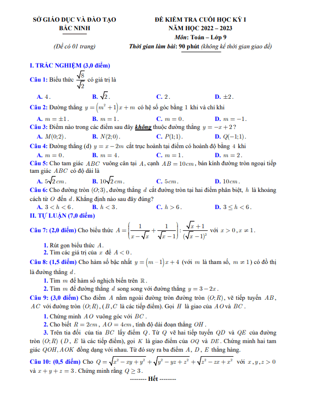 Đề kiểm tra cuối học kì 1 (HK1) lớp 9 môn Toán năm 2022 2023 sở GD ĐT Bắc Ninh