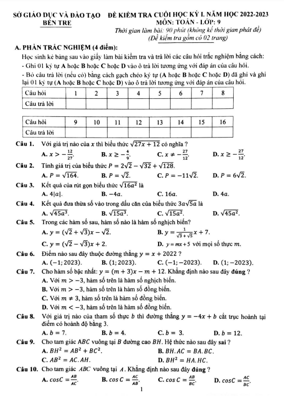 Đề kiểm tra cuối học kì 1 (HK1) lớp 9 môn Toán năm 2022 2023 sở GD ĐT Bến Tre
