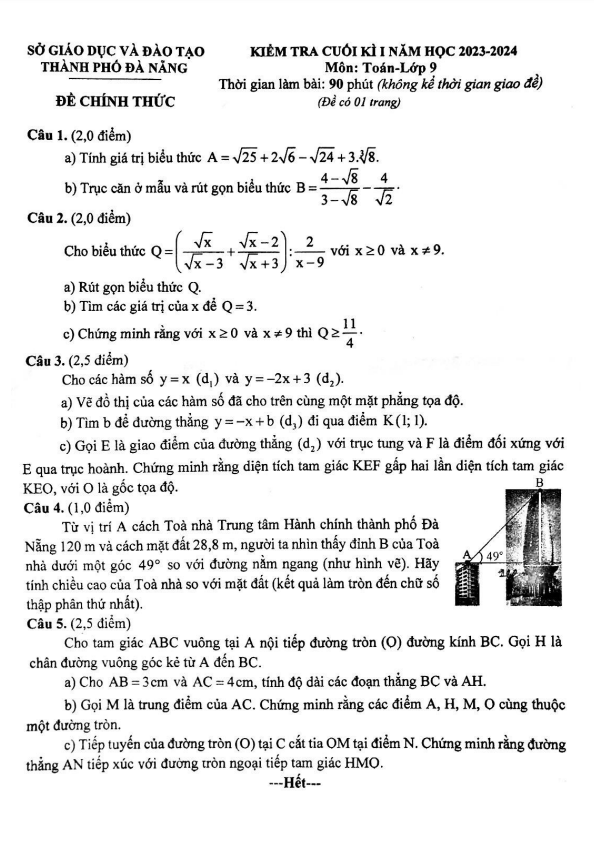 Đề kiểm tra cuối học kì 1 (HK1) lớp 9 môn Toán năm 2023 2024 sở GD ĐT Đà Nẵng