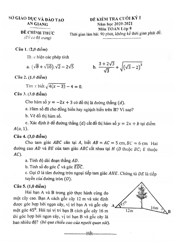 Đề kiểm tra cuối học kì 1 (HK1) lớp 9 môn Toán năm học 2020 2021 sở GD ĐT An Giang
