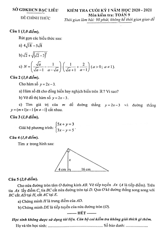 Đề kiểm tra cuối học kì 1 (HK1) lớp 9 môn Toán năm học 2020 2021 sở GDKHCN Bạc Liêu