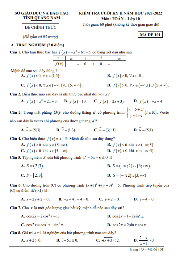 Đề kiểm tra cuối học kì 2 (HK2) lớp 10 môn Toán năm 2021 2022 sở GD ĐT Quảng Nam