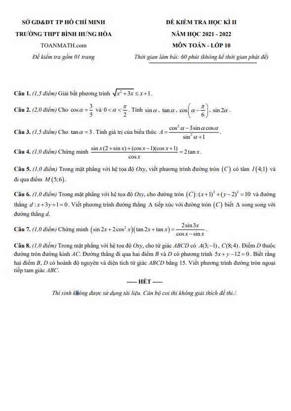 Đề kiểm tra cuối học kì 2 (HK2) lớp 10 môn Toán năm 2021 2022 trường THPT Bình Hưng Hòa TP HCM