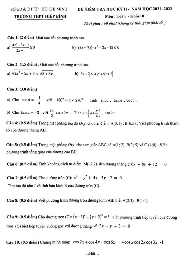 Đề kiểm tra cuối học kì 2 (HK2) lớp 10 môn Toán năm 2021 2022 trường THPT Hiệp Bình TP HCM