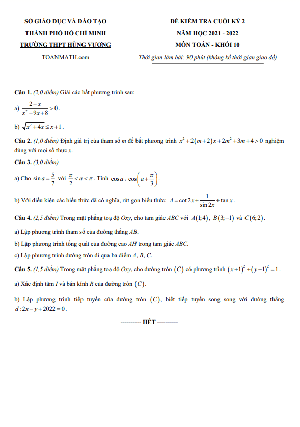 Đề kiểm tra cuối học kì 2 (HK2) lớp 10 môn Toán năm 2021 2022 trường THPT Hùng Vương TP HCM