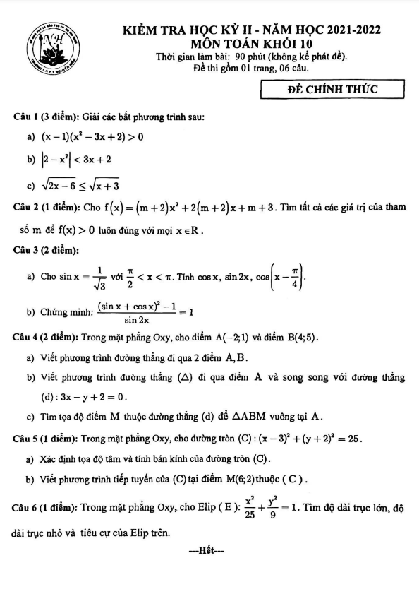 Đề kiểm tra cuối học kì 2 (HK2) lớp 10 môn Toán năm 2021 2022 trường THPT Nguyễn Hiền TP HCM