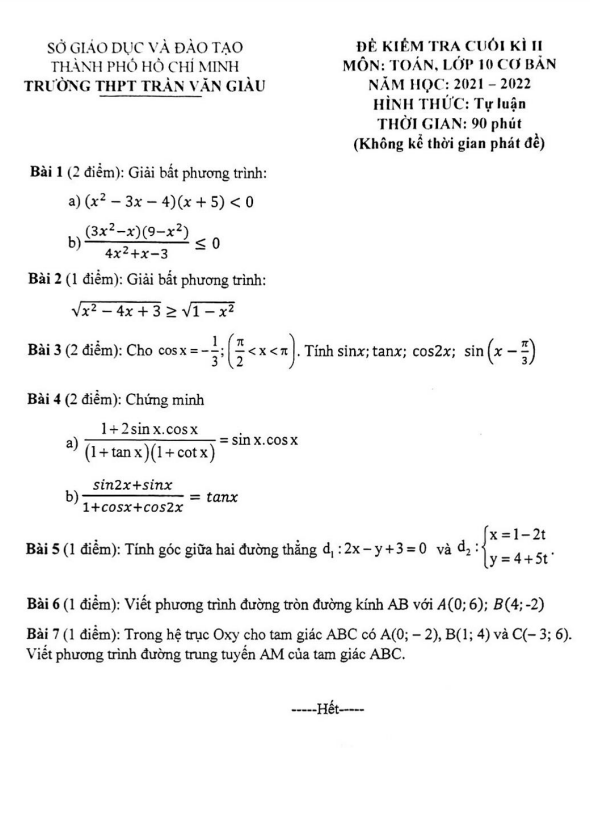 Đề kiểm tra cuối học kì 2 (HK2) lớp 10 môn Toán năm 2021 2022 trường THPT Trần Văn Giàu TP HCM