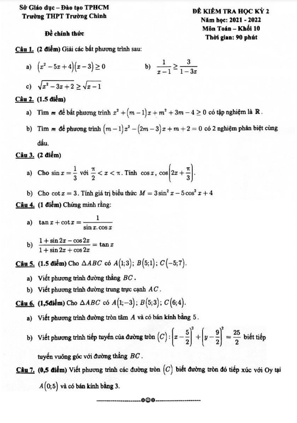 Đề kiểm tra cuối học kì 2 (HK2) lớp 10 môn Toán năm 2021 2022 trường THPT Trường Chinh TP HCM