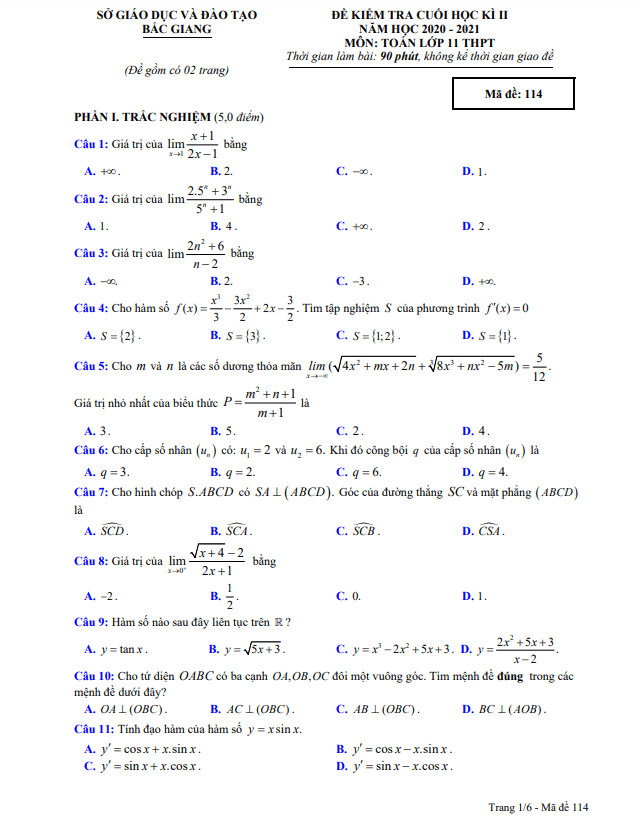 Đề kiểm tra cuối học kì 2 (HK2) lớp 11 môn Toán năm 2020 2021 sở GD ĐT Bắc Giang