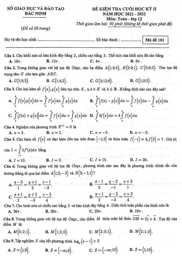 Đề kiểm tra cuối học kì 2 (HK2) lớp 12 môn Toán năm 2021 2022 sở GD ĐT Bắc Ninh