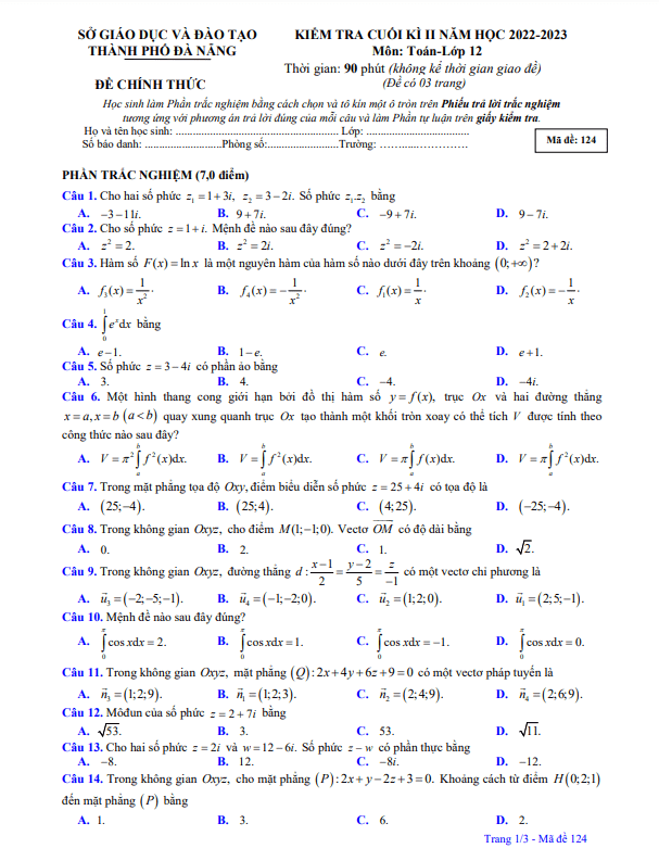 Đề kiểm tra cuối học kì 2 (HK2) lớp 12 môn Toán năm 2022 2023 sở GD ĐT Đà Nẵng