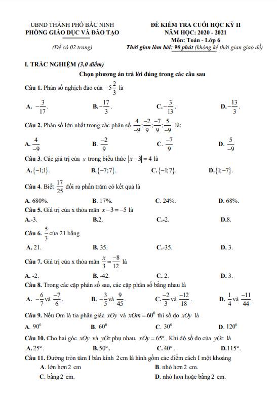 Đề kiểm tra cuối học kì 2 (HK2) lớp 6 môn Toán năm 2020 2021 phòng GD ĐT thành phố Bắc Ninh