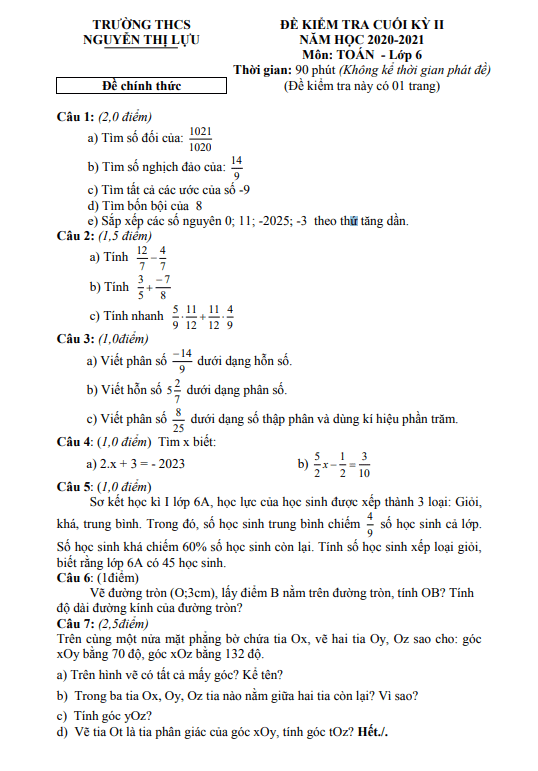 Đề kiểm tra cuối học kì 2 (HK2) lớp 6 môn Toán năm 2020 2021 trường THCS Nguyễn Thị Lựu Đồng Tháp