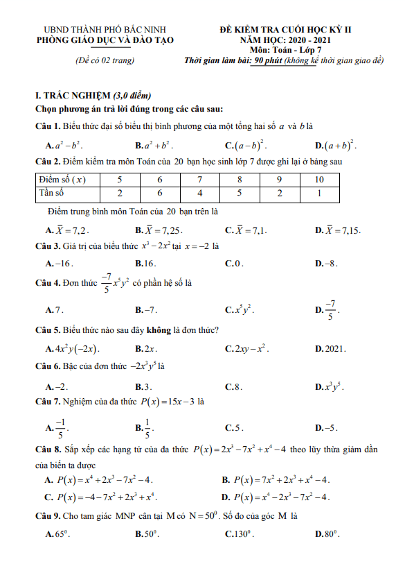 Đề kiểm tra cuối học kì 2 (HK2) lớp 7 môn Toán năm 2020 2021 phòng GD ĐT thành phố Bắc Ninh