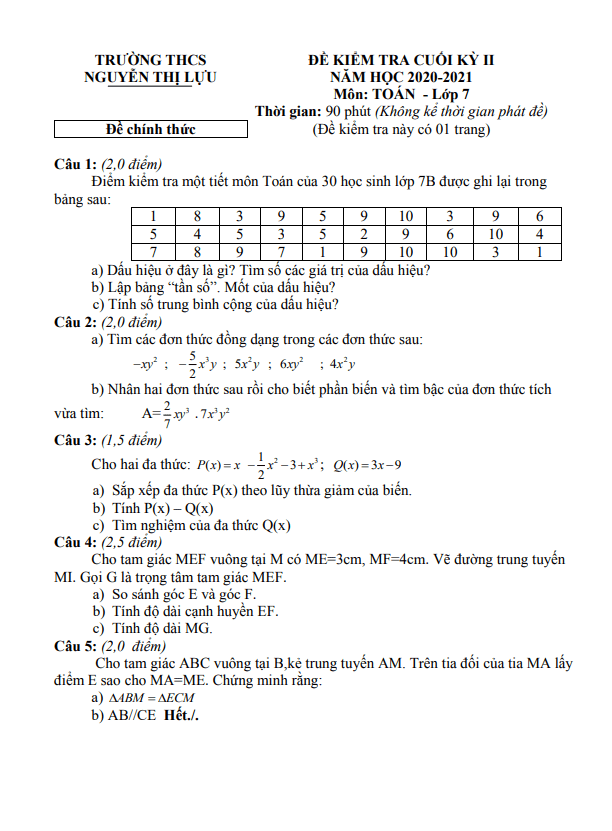 Đề kiểm tra cuối học kì 2 (HK2) lớp 7 môn Toán năm 2020 2021 trường THCS Nguyễn Thị Lựu Đồng Tháp