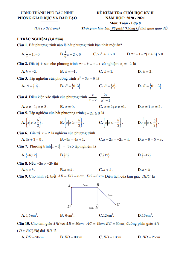 Đề kiểm tra cuối học kì 2 (HK2) lớp 8 môn Toán năm 2020 2021 phòng GD ĐT thành phố Bắc Ninh