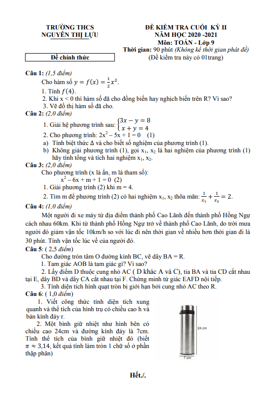 Đề kiểm tra cuối học kì 2 (HK2) lớp 9 môn Toán năm 2020 2021 trường THCS Nguyễn Thị Lựu Đồng Tháp
