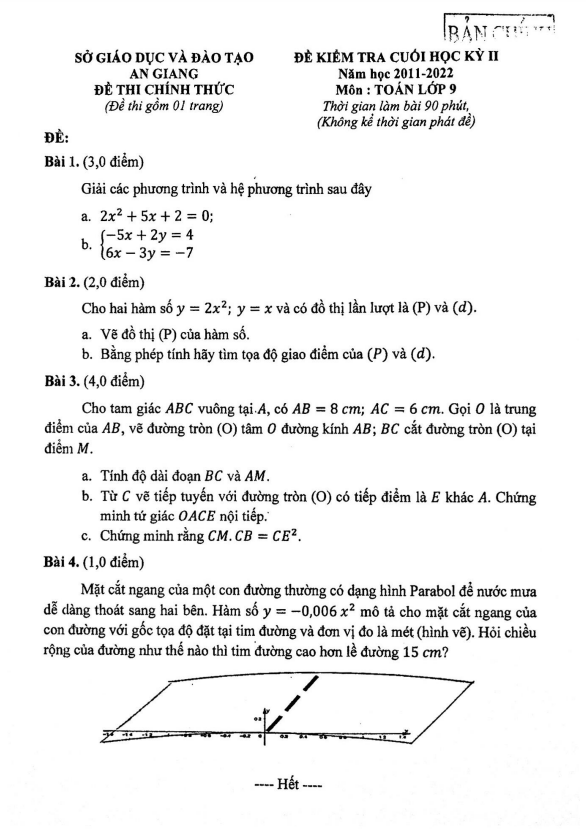 Đề kiểm tra cuối học kì 2 (HK2) lớp 9 môn Toán năm 2021 2022 sở GD ĐT An Giang