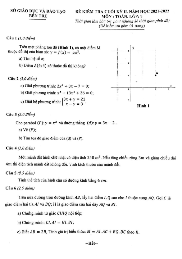 Đề kiểm tra cuối học kì 2 (HK2) lớp 9 môn Toán năm 2021 2022 sở GD ĐT Bến Tre